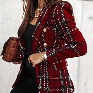 Double-Breasted Notched Label Blazer Plaid Tweed - Dark Red - L
